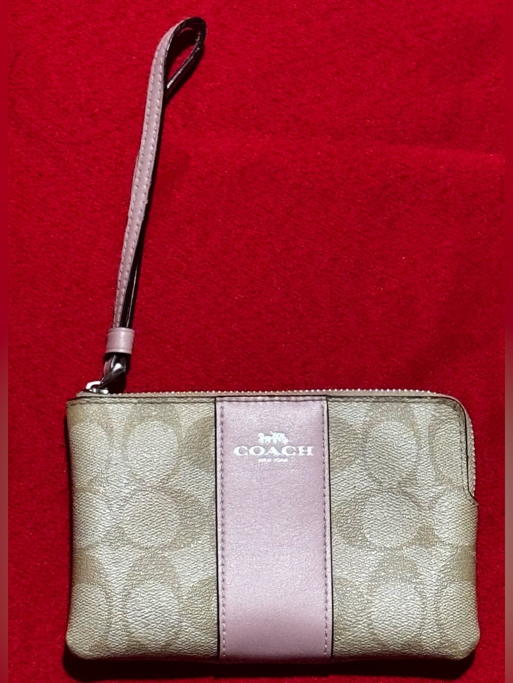 Coach Khaki Signature Wristlet with Pink Leather Stripe
